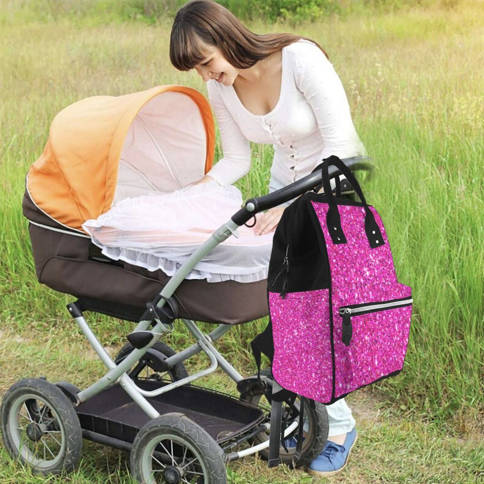 Ratiio Rose Red Glitter Mummy Backpack - Waterproof Twill Canvas, Large Capacity Diaper Bag with Multiple Pockets and Adjustable Straps