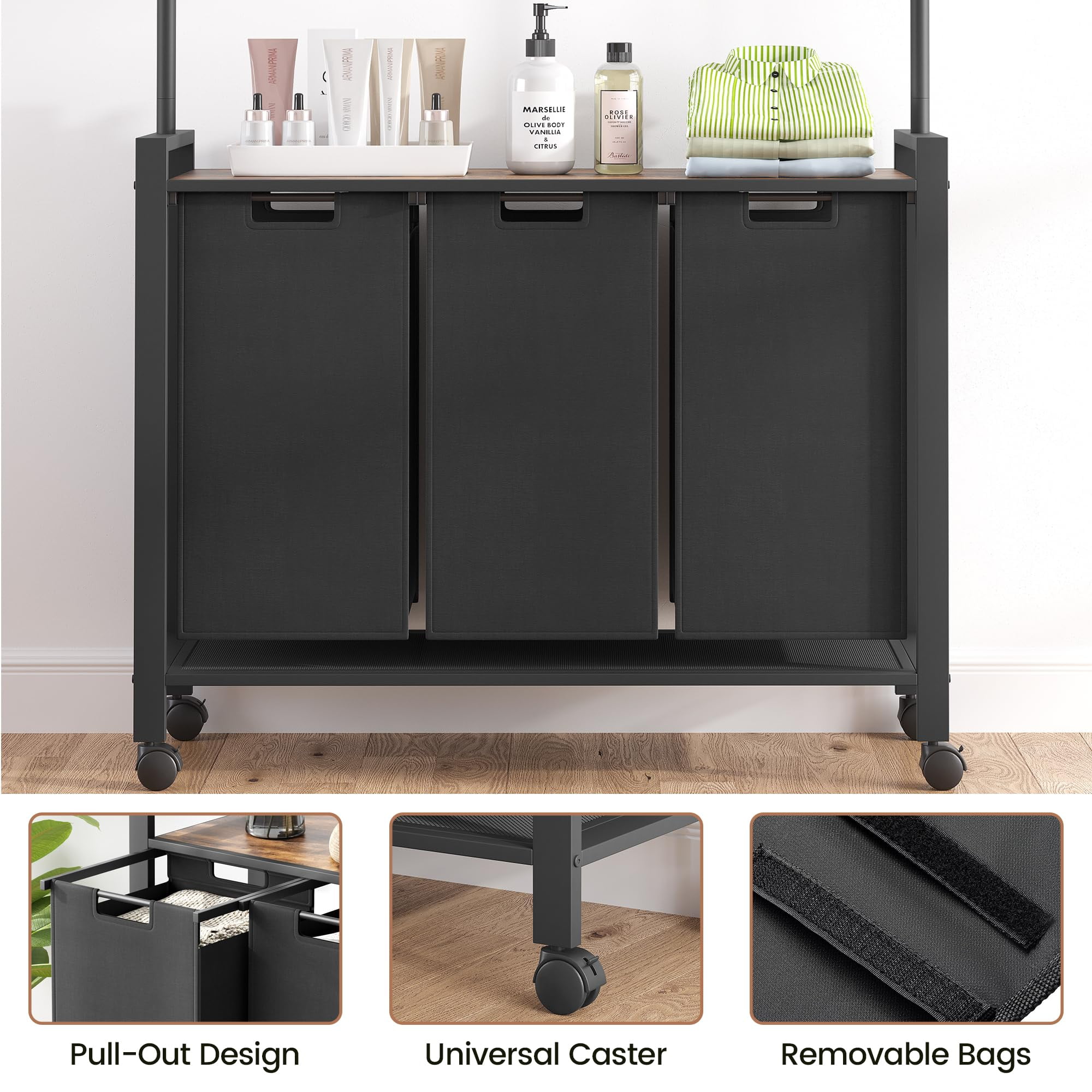 Laundry Sorter, Laundry Hamper 3 Section with Hanging Rack, Rolling Laundry Cart on Wheels, Pull-Out and Removable Laundry Basket with Shelf, Rustic Brown and Black