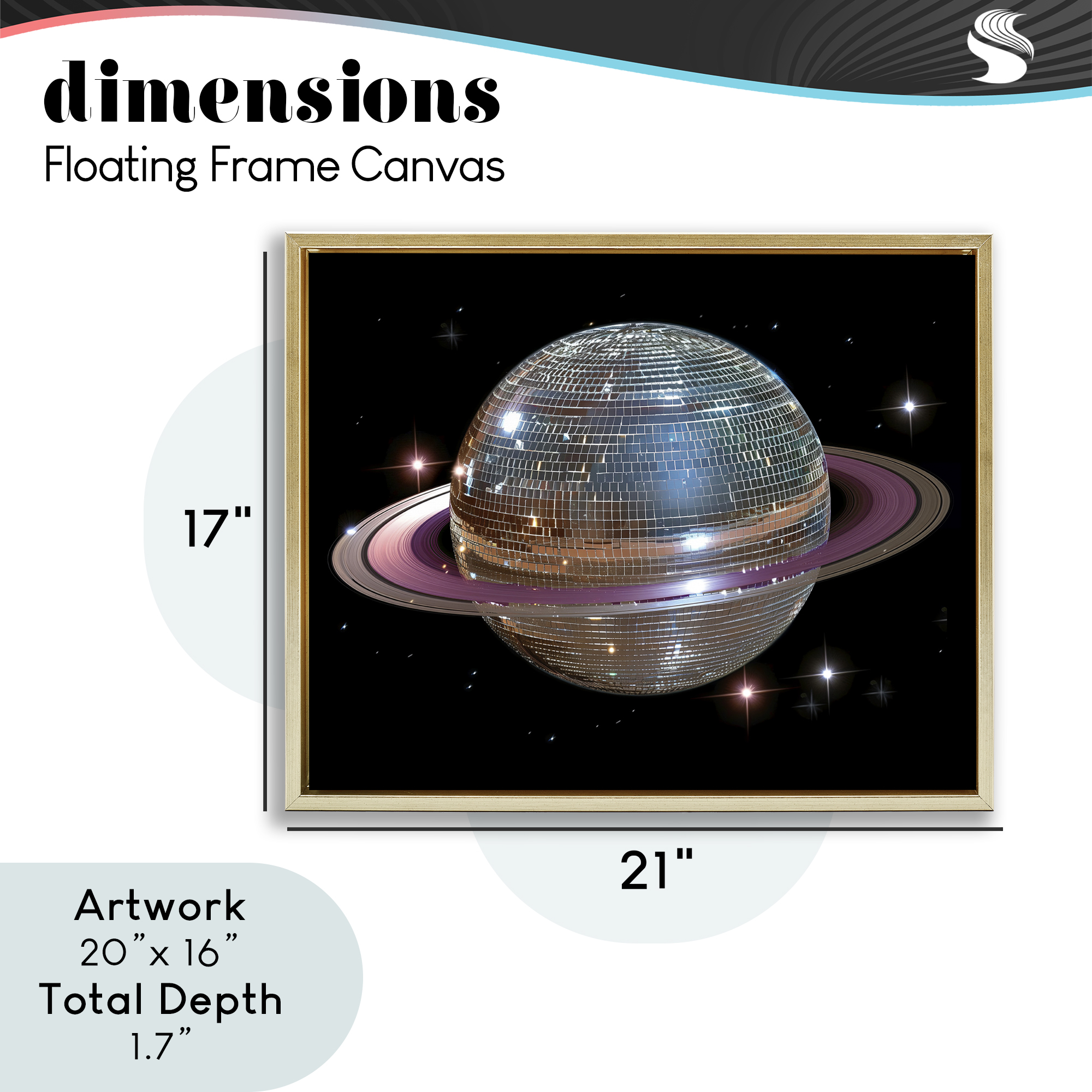 Purple Disco Ball Planet Gold Framed Floater Canvas Wall Art, design by Decent Exposures