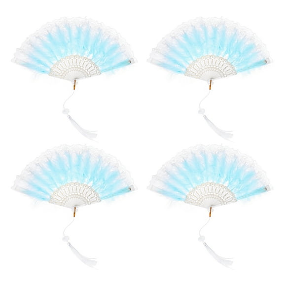 Uxcell Feather Hand Fan Green Vintage Folding Fan with Tassels Feather Fan for Halloween Party,4 Pcs