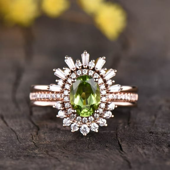 3pcs Peridot Ring Set in 14K Rose Gold Vermeil- Crown Wedding Ring Set- Antique Promise Ring Peridot Jewelry