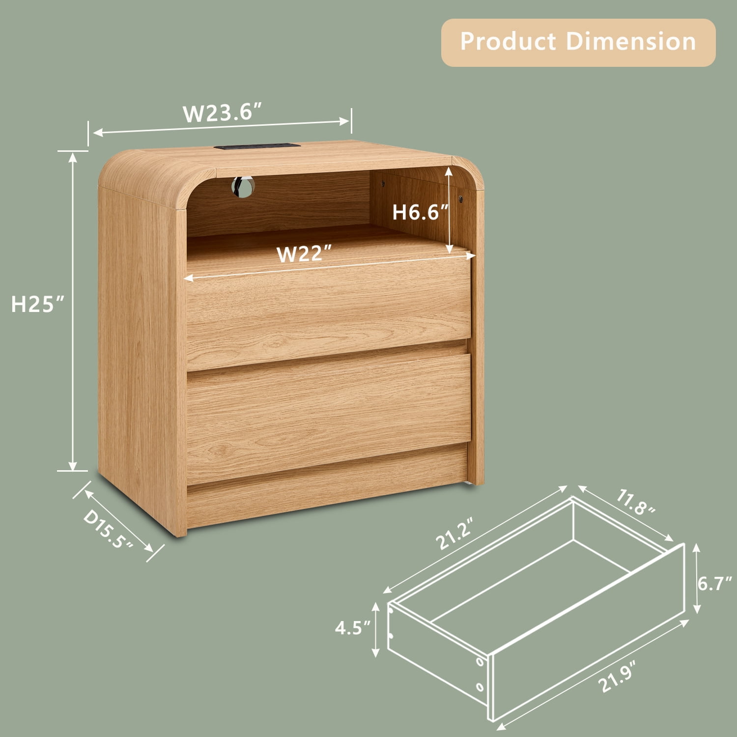 wow97e 2 Drawers Bedside Table, Modern Nightstand with Charging Station, Curved Profile Design, Mid Century End Table for Bedroom, Living Room