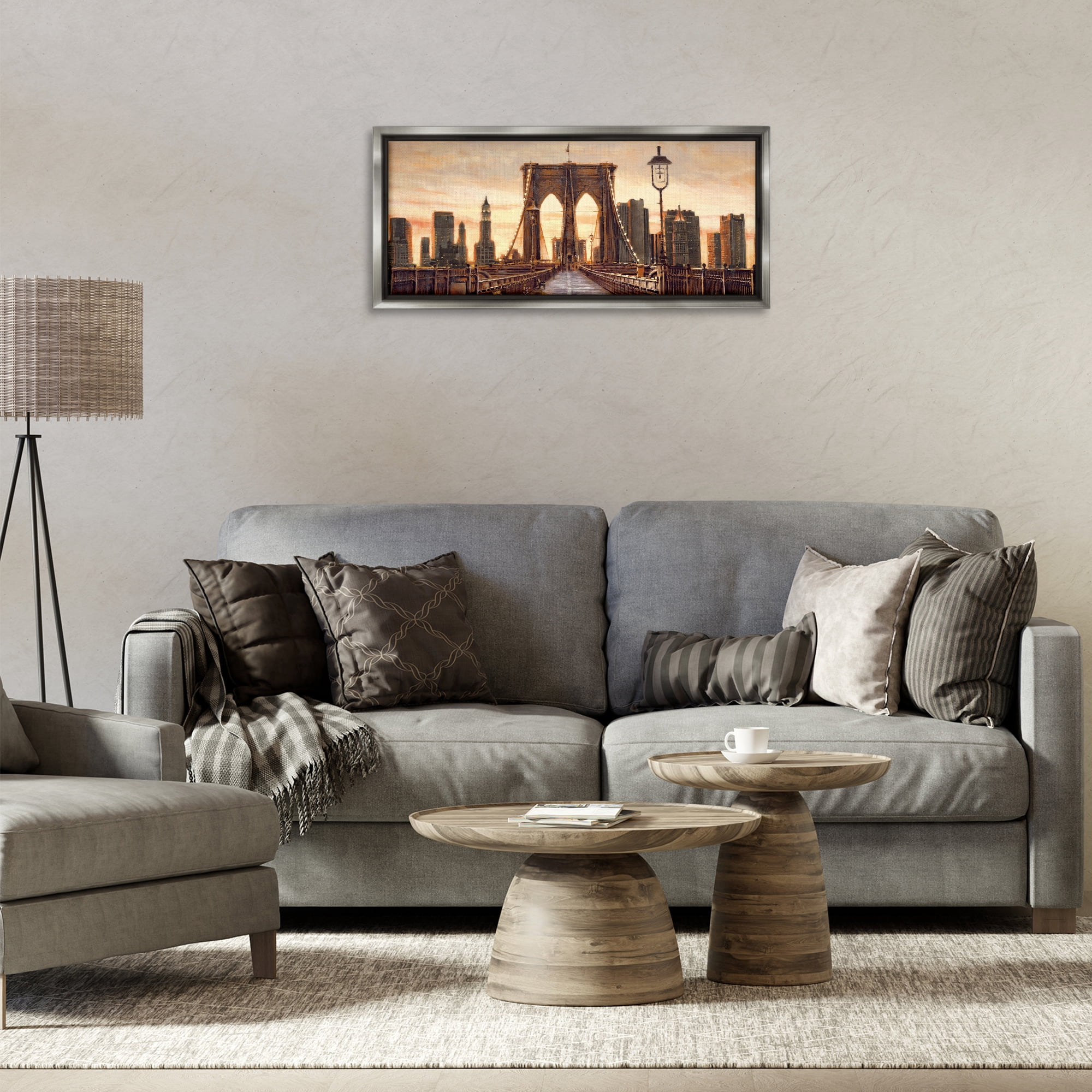 Stupell Industries City Bridge View Scenery Painting Gray Floater Framed Art Print Wall Art, 31 x 14