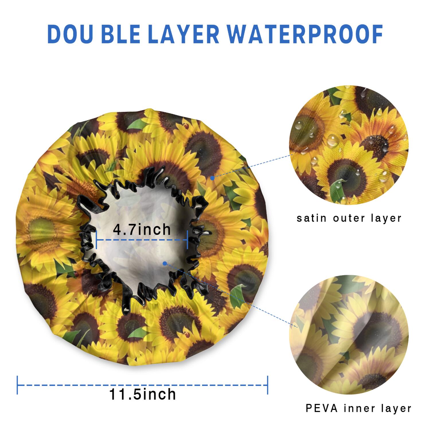 Shower Caps,Green Leaf Sunflower Pattern Waterproof Shower Cap for Women 4 Pieces,Double Reusable Hair Cover for Shower PEVA Elastic Stretch Hem