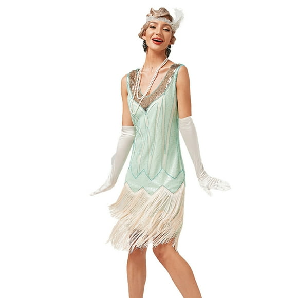 1920s Vintage Dress Beaded Sequin 30S Flapper Dresses Prom Wedding Women Vintage Dress V Neck Beaded Fringed Tassels,Light Green,XL