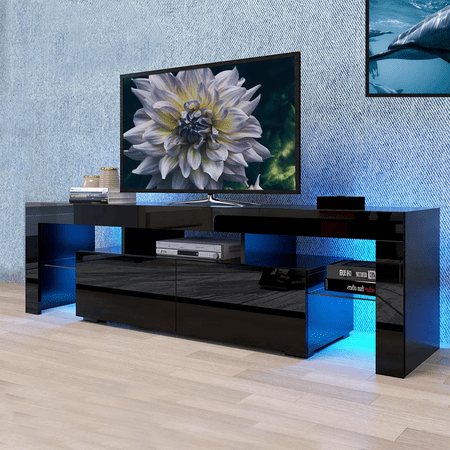 SHIYAO High Glossy LED TV Stand for TVs up to 70", Modern TV Cabinet Media Entertainment Center Console Table with LED Lights and Glass Shelves(Black B-63X13X17inch)