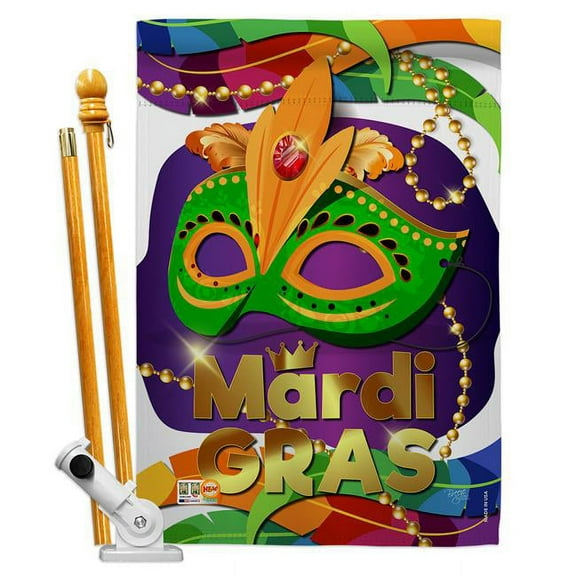 Breeze Decor BD-MG-HS-118011-IP-BO-D-US17-BD 28 x 40 in. Mardi Gras Mask Spring Impressions Decorative Vertical Double Sided House Flag Set with Pole Bracket Hardware