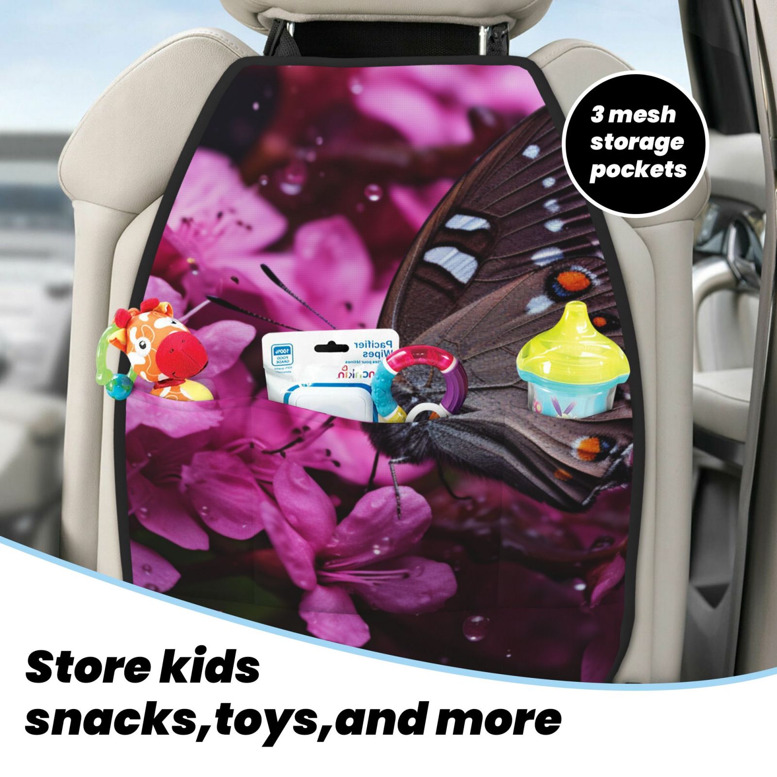 Kdxio Pink Blossoms Butterfly Print 2 Pack Car Kick Mat Seat Cover Back Protector Mat with Pockets for Organizer Backseat Protector and Storage Anti Kick Pad for Vehicles