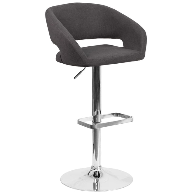 Contemporary Charcoal Fabric Adjustable Height Barstool with Rounded Mid-Back and Chrome Base