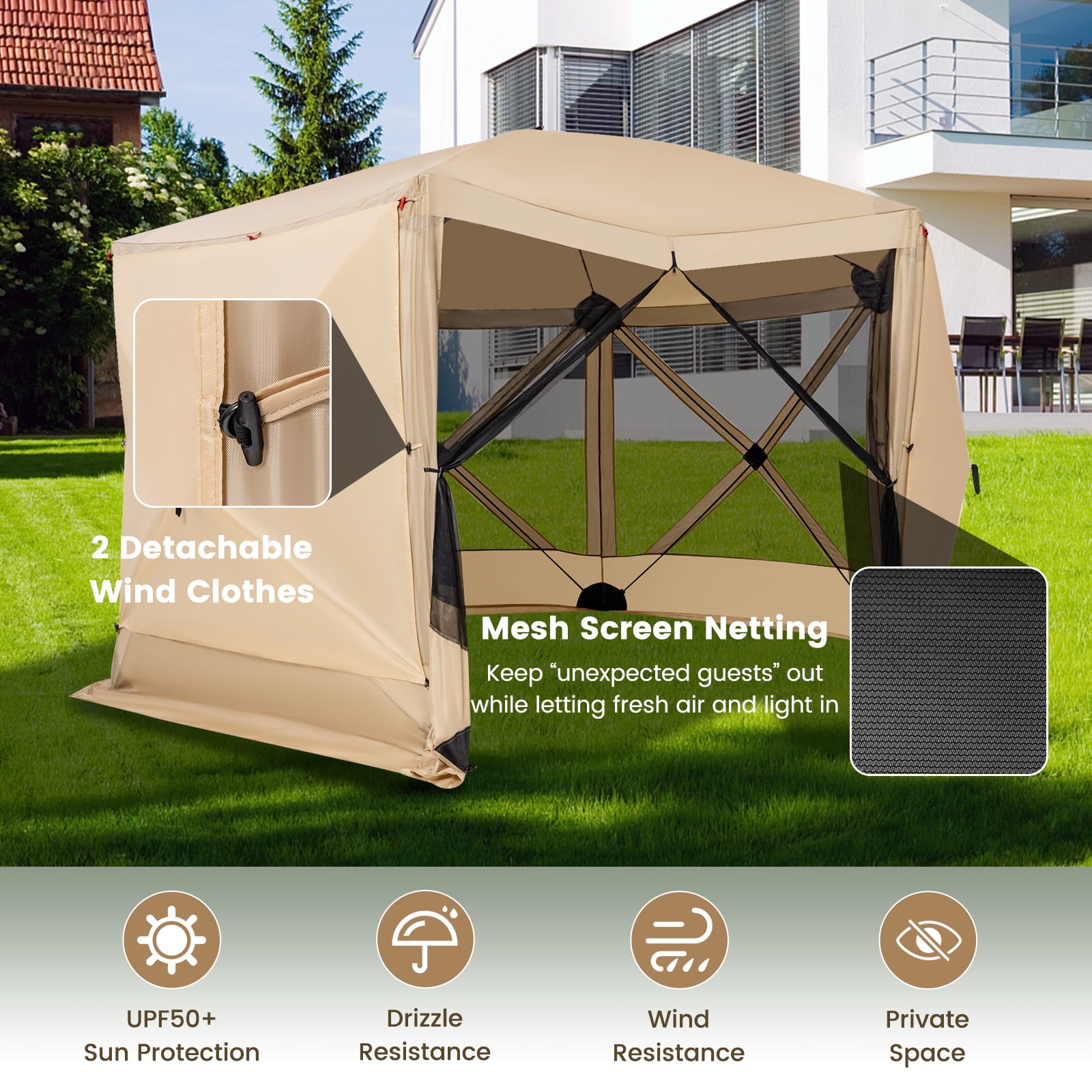 Costway 11.5 X 11.5 FT 6-Sided Pop-up Screen House Tent With 2 Wind Panels for Camping Coffee
