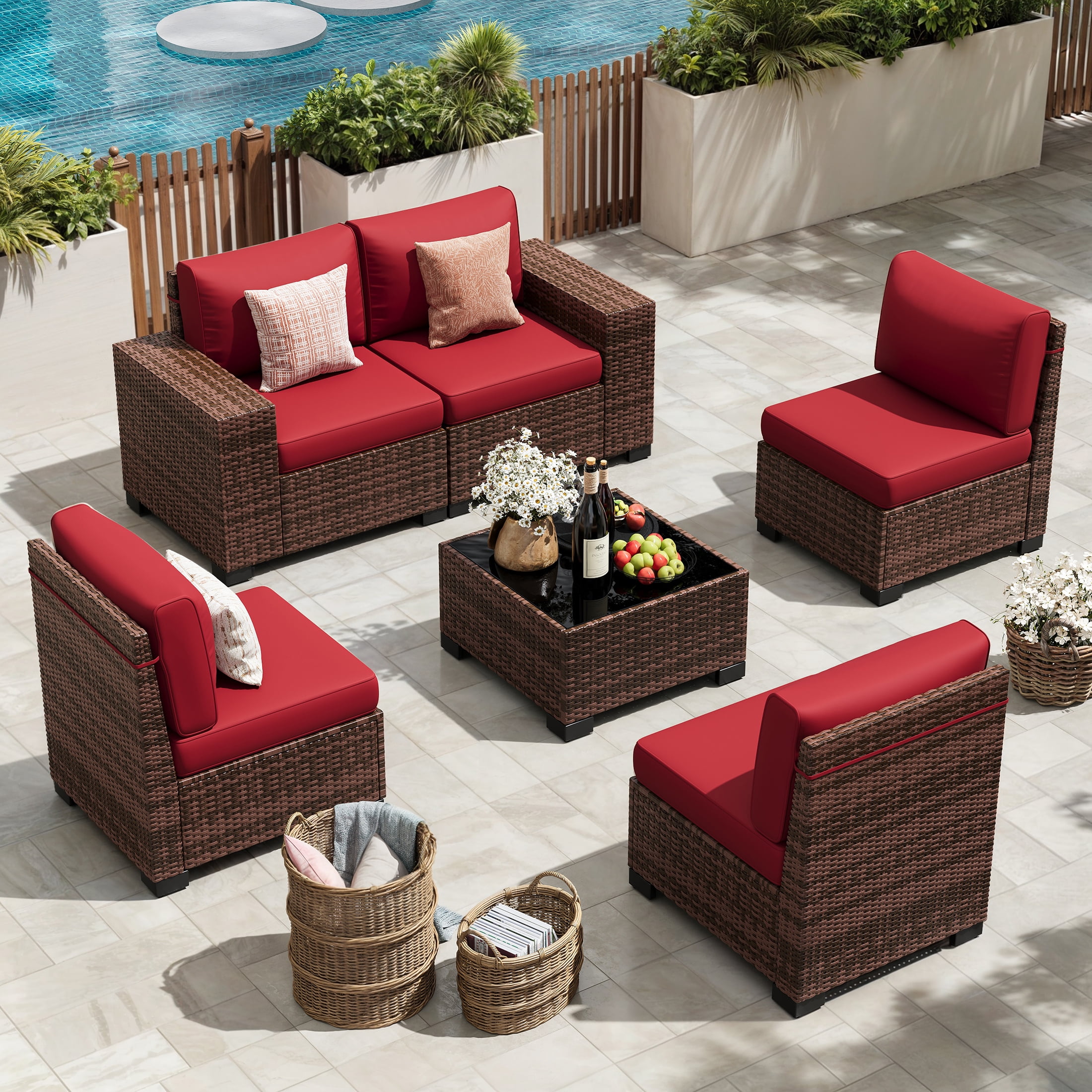 TECHMILLY 6-Piece Patio Furniture Set, Outdoor Patio Sofa Set With Wide Armrest, All-Weather Wicker Rattan Guest Set With Cushion And Glass Table And Waterproof Cover,Brown & Wine Red