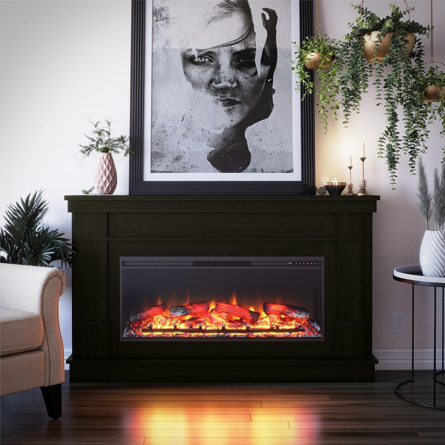 Ameriwood Home Elmcroft Wide Mantel with Linear Electric Fireplace, Rustic Gray
