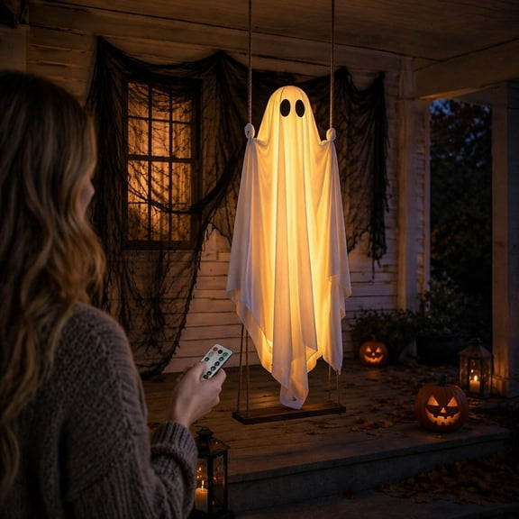 Swinging Ghost Outdoor Decor, Outdoor Light Up Halloween Decorations, Floating Fabric Ghost Ornament for Porch Tree Patio Spooky Holiday Party Decoration