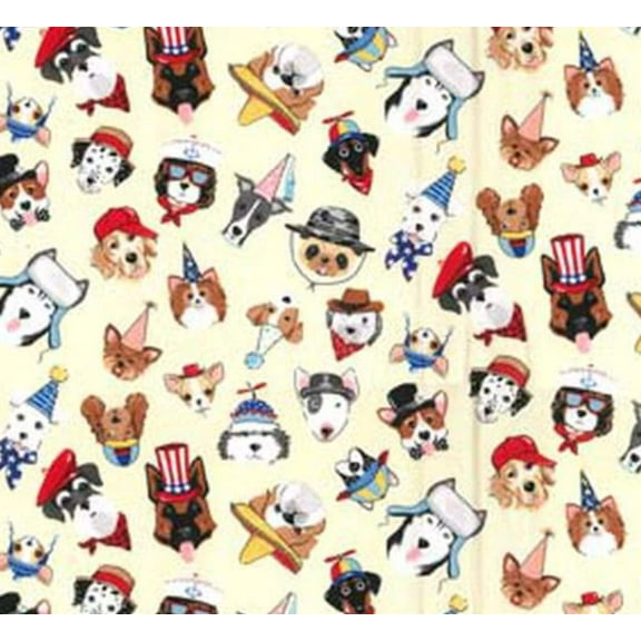 Fabric Traditions Dogs Birthday Hats on Cream 100% Cotton By the Yard Novelty