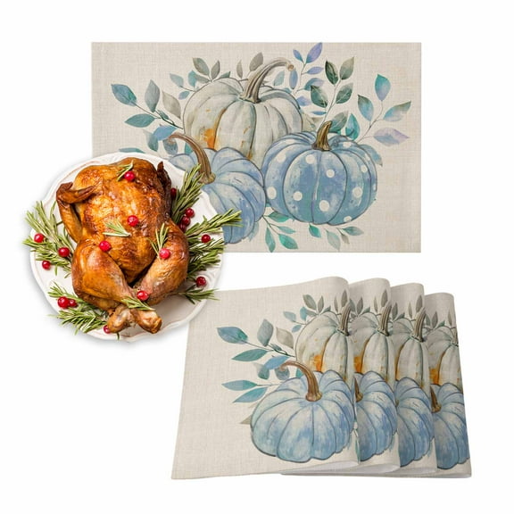 Fall Placemats Set of 4 Watercolor Blue Pumpkin Place Mats Thanksgiving Placemat Leaves Plant Table Mats for Dining Kitchen Table Holiday Dinner Party Home Fall Decorations 13x19 Inch