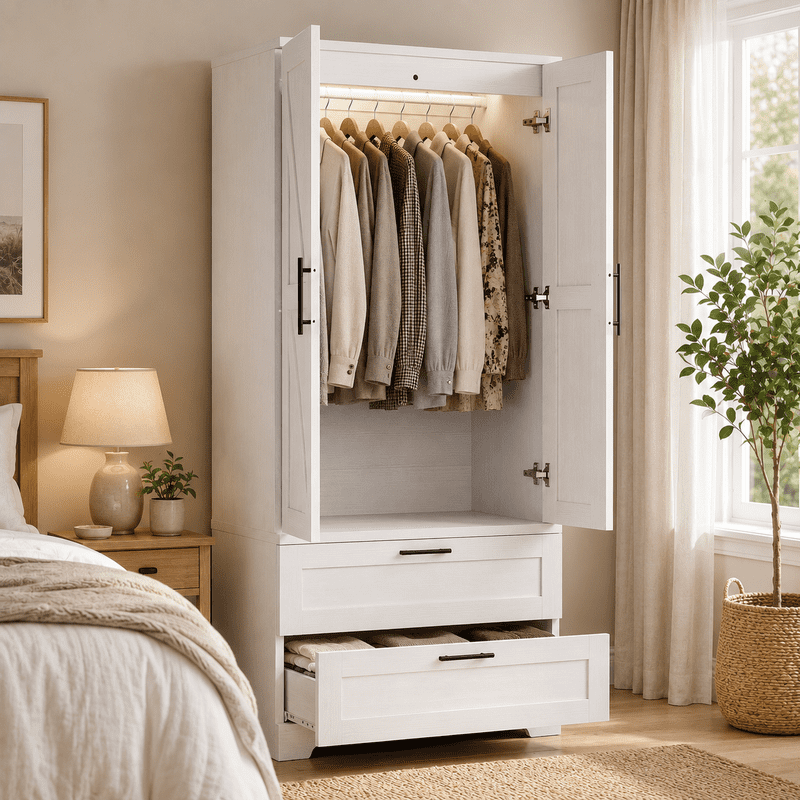 Lacoo White Wardrobe Armoire, 70.8 in, 2 Drawers, Motion-Sensor Light