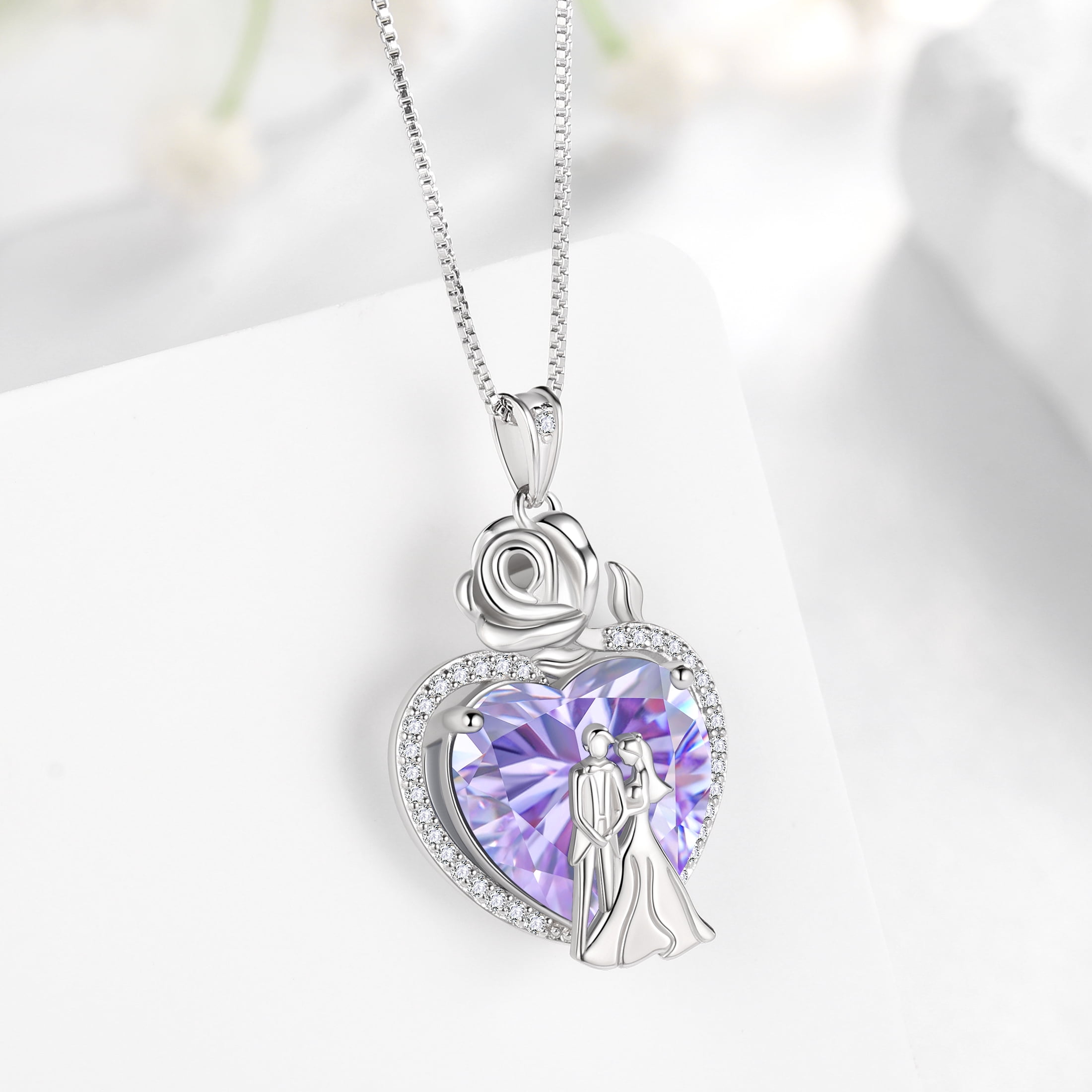 Juwaliy Couple Necklace for Women 925 Sterling Silver 15MM Heart June Birthstone Rose Flower Pendant Promise Engagement Bridal Jewelry Valentines Gift for Wife Girlfriend