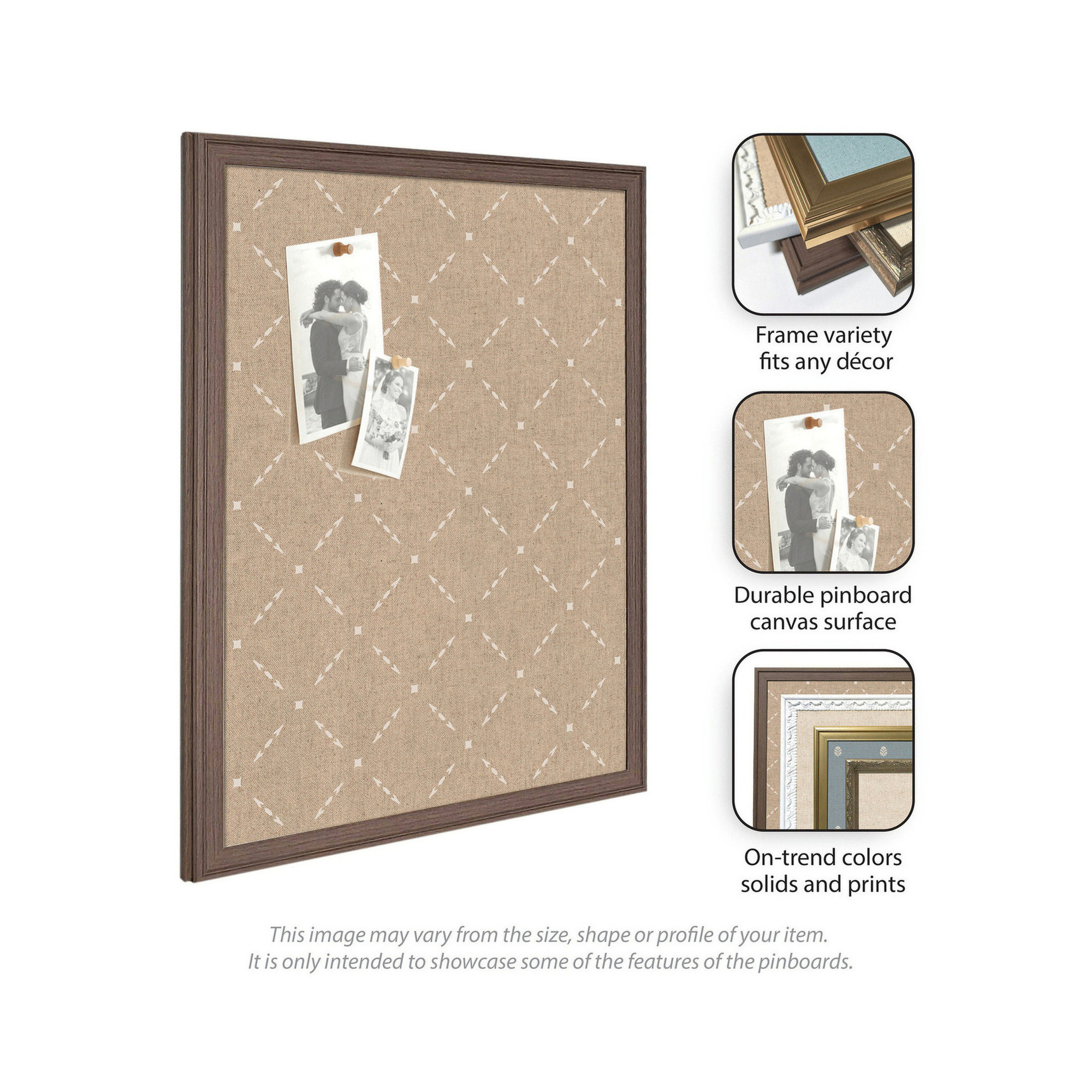 Kate and Laurel Framed Fabric Pinboard 26 x 20, Beige Lattice Pattern Printed Linen Classic Bulletin Board for Use as a Vision Board or Wall Organization, Florence Medium Brown Frame