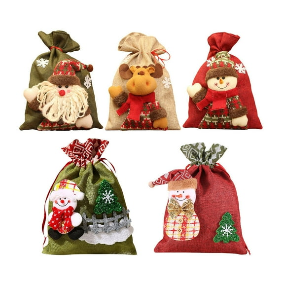 Christmas Decorations 5 Piece Set Set Drawstring Bag Santa Snowman Linen Bag