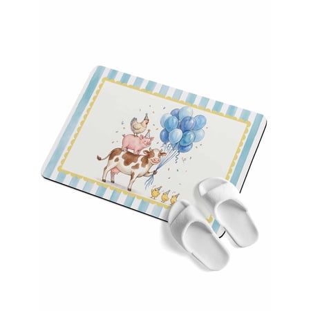 Pig Cow Soft Diatomaceous Earth Mat, Hen Chicks Blue Balloons Watercolor Animal Yellow Border Striped Absorbent Bath Mat Non Slip Rubber Backed Quick Dry Doormat Fit Under Door for Bathroom 20"x32"