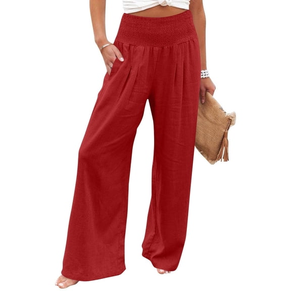 Cotton Linen Palazzo Pants Women Casual High Waisted Palazzo Pants Wide Leg Long Lounge Trendy Trousers Beach Pant Solid Vacation Casual Outfits, Red