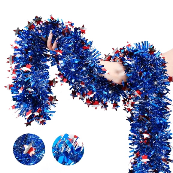 4th of July Patriotic Tinsel Garland Decoration 33FT, Red White and Blue Tinsel Garland with Shiny Star Metallic Garlands,Independence Day Memorial Day Decor for Home Indoor Outdoor