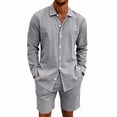 thumbnail image 2 of HBGVBA Men 2 Piece Outfit Long Sleeve Button Collared Shirt and Waist Elastic Shorts Set, 2 of 5