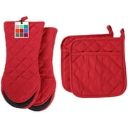 ARCLIBER Oven Mitts and Potholders,Non-Slip Rubber Surface 2 Oven Mitts,2 Pot Holders for Cooking,Baking,Grilling,Barbecue,Red