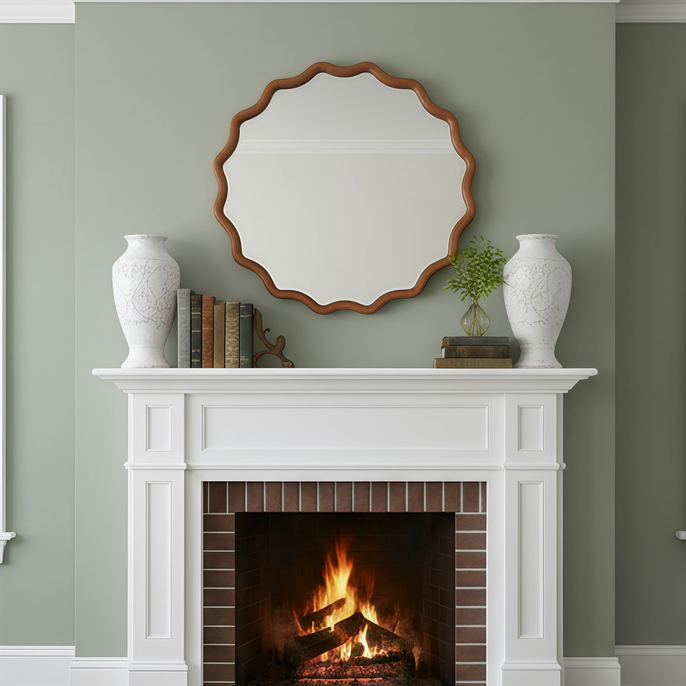Noble House 36 Inch Wavy Round Wall Mirror, Solid Wood Frame Decorative Vanity Mirror, Yellowish