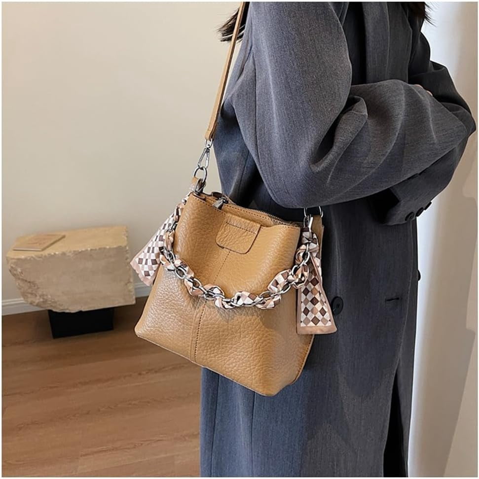 Leather Bucket Bag with Thick Chain for Women Hobo Bucket Bags and Purses Casual Crossbody Shoulder Bucket Handbag