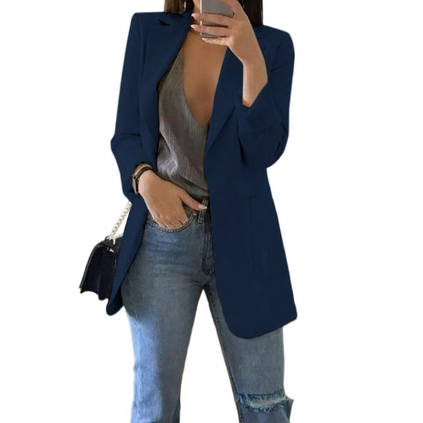 Women Suit Lapel Work Jacket Fitted Set Casual Suits Loose Clothes Open  Elegant Coat for Street Look Ladies - Dark Blue 