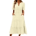 thumbnail image 2 of Ayolanni Short Sleeve Women Summer Dresses V Neck Solid A-Line Maxi Dress Beach Casual Knit Elegant Long Dress with Pockets Yellow XXXL, 2 of 6
