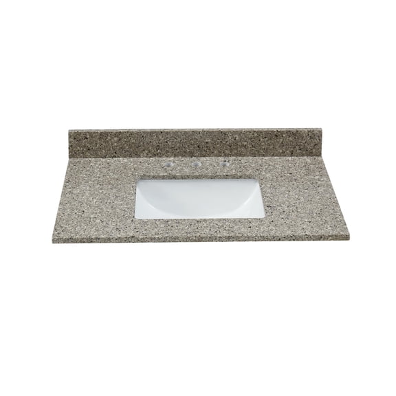 31x22 Inch Bathroom Vanity Top, Castle Rock Quartz with Undermount Porcelain Sink, 0.75" Thick (¾") and 4" High Backsplash, Pre-Drilled 8" Widespread Faucet Holes