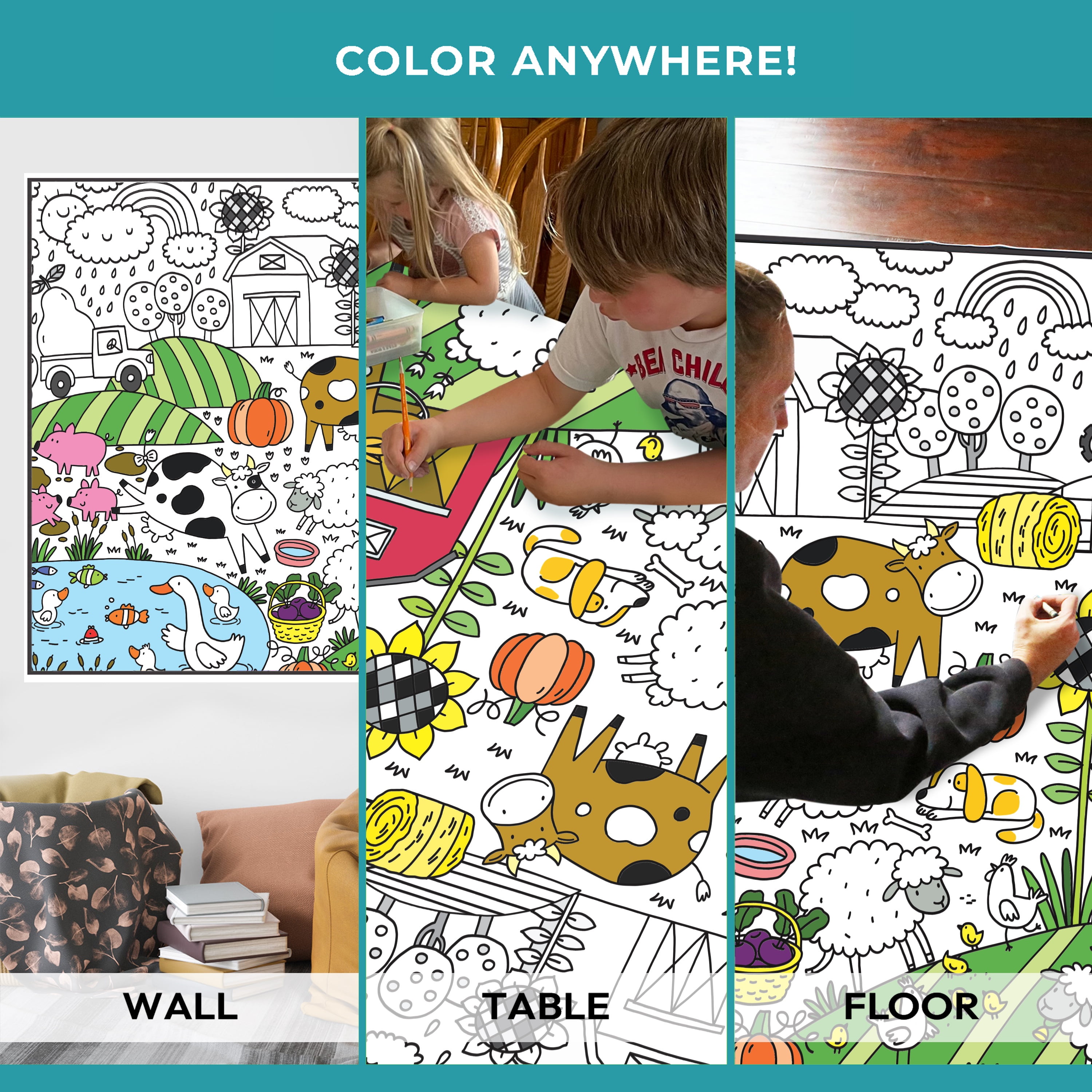 Giant Coloring Poster - Premium Jumbo Coloring Sheets for Kids & Adults with Thick Bleed-Resistant Pages, Use on Floor, Wall, or as Table Cloth, Use With Alcohol Based Markers (30” x 42”, Farm)