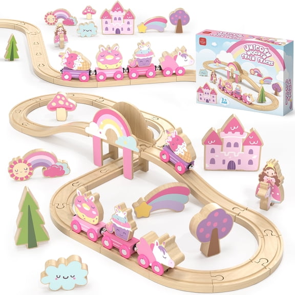 Train Set, Wooden Train Set for Kids, Train Toys for Toddlers, Toy Train with Train Tracks, Wooden Unicorn Toys for Kids 2 3 4 5  Years Old, Great Gift for Boys Girls - Compatible with Other Brands
