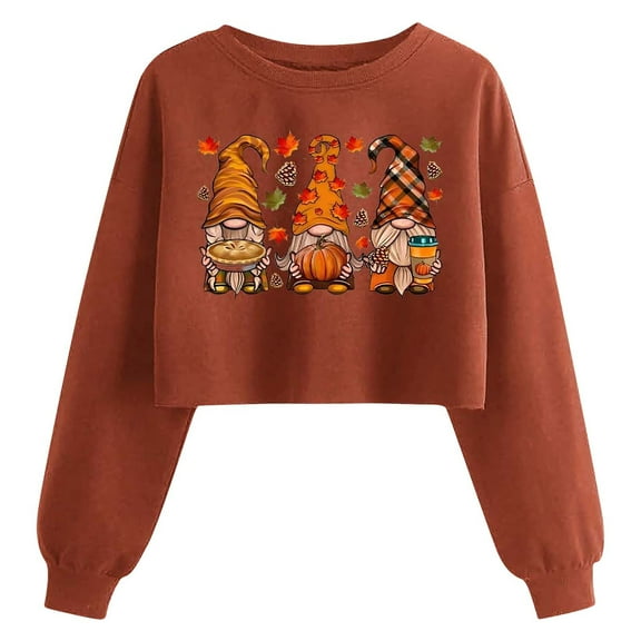 Womens Graphic Cropped Sweatshirts Thanksgiving Clothes Long Sleeve Cute Print Pullover Shirts Fall Casual Going Out Tops Orange, 2XL
