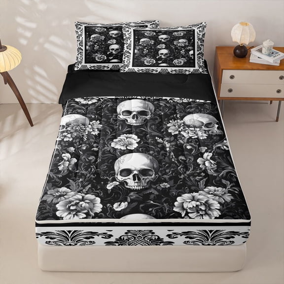 Homewish Spooky Skull Skeleton Zipper Twin Comforter Sets with Fitted Sheet and 2 Pillowcases,Hipple Damask Floral Zipper Bedding Set,Halloween Bed Set,Black Reversible,4pcs