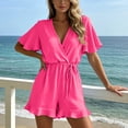 thumbnail image 6 of VBVC Women's Wrap V-Neck Drawstring Romper , Ladies' Ruffle Short Sleeve Jumpsuit , Casual Summer Playsuit For Women,Hot Pink,S-3XL, 6 of 8