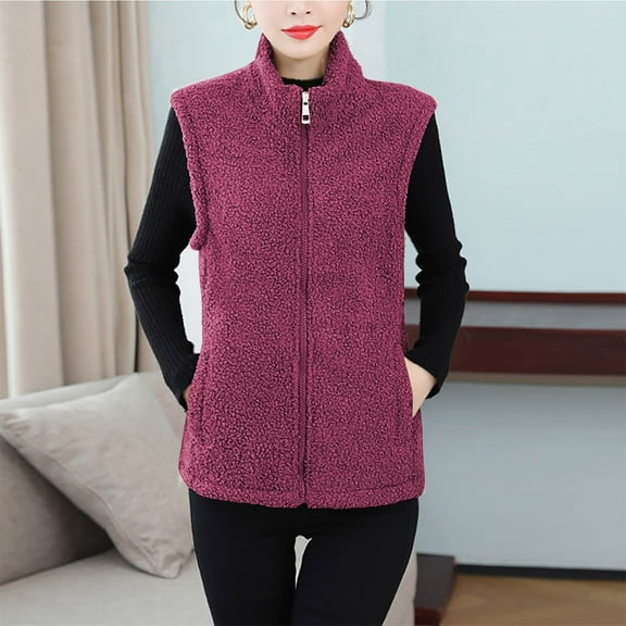 Fanxing Fleece Vest for Women Stand Collar Zip Up Sleeveless Sherpa Jakcet Winter Warm Lightweight Waistcoat with Pocket Purple L
