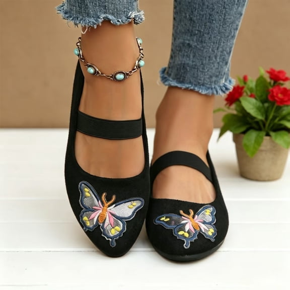 Willtoo Women's Fashion Butterfly Pointed Toe Embroidered Mary Jane Shoes Casual Low Heel Shoes