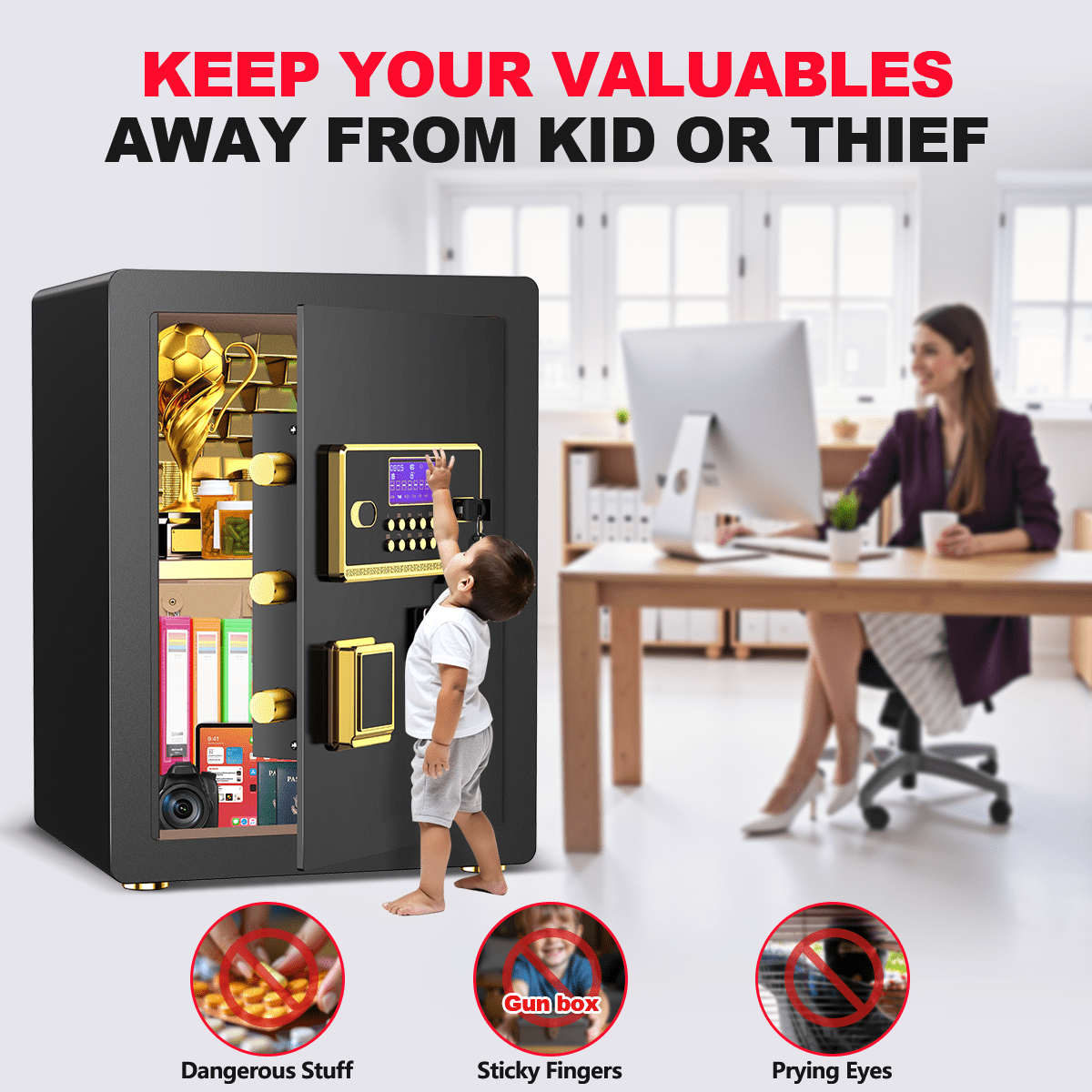 RYCUZO 3.5 Cuft Large Safe Box, Digital Keypad Home Security Safe With Fireproof Bag & Alarm System(Black)