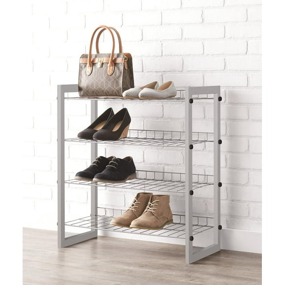 MAINSTAYS 4-Tier Shoe Rack with Wood Frame And Wire Shelf, Brown Frame Color
