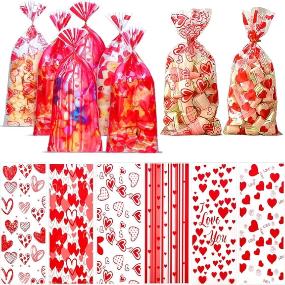 Bexikou 120 Pack Valentine Cellophane Treat Bags,Valentines Gift Bag,Plastic Gift Bags for Valentines Day Wedding Party Birthday, Gift Goodie Cookie Snack Party Favor Supplies