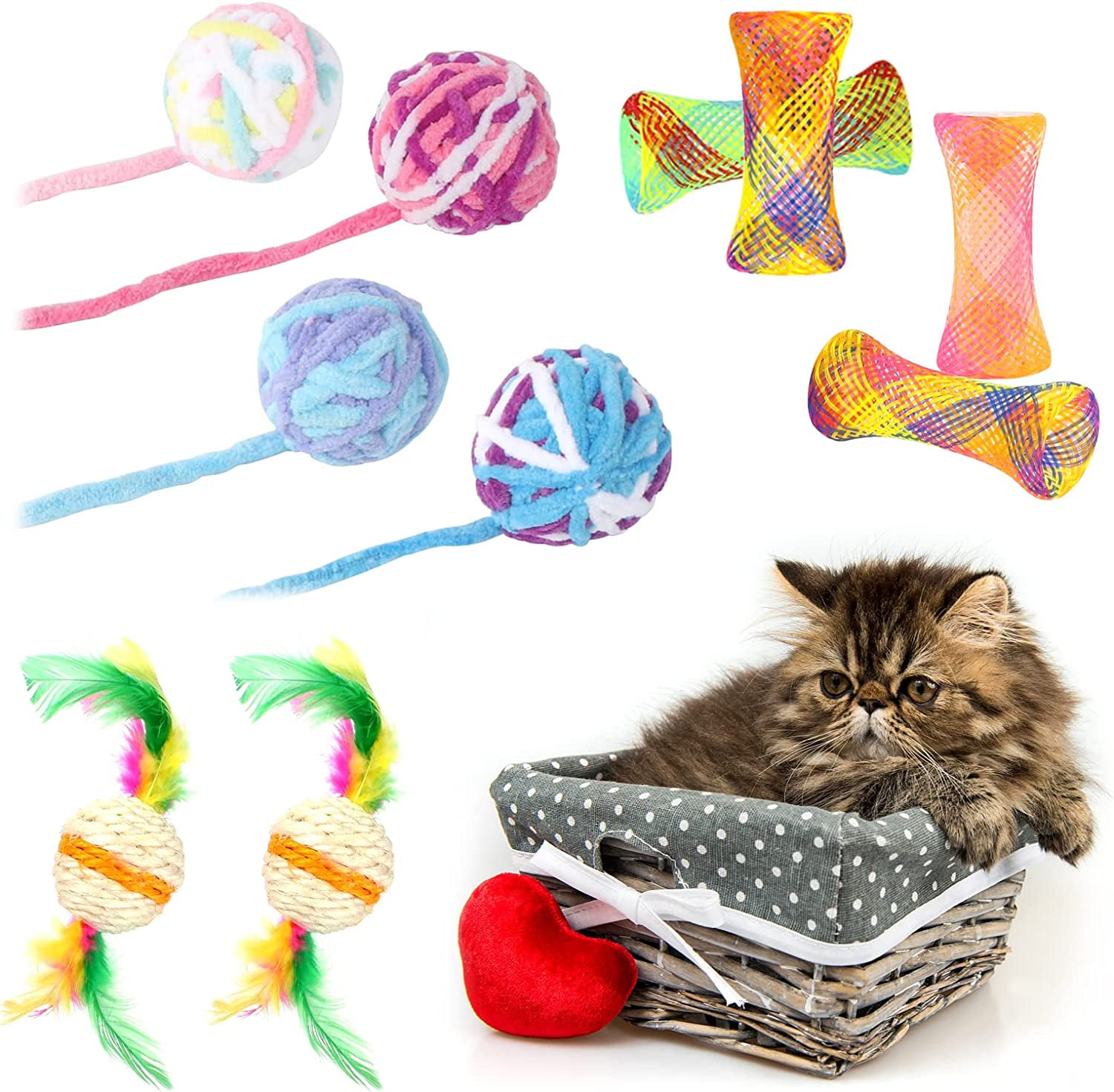 Heqishun 10 PCS Cat Ball Toys, Cat Interactive Play Yarn Ball Wool Cat Chew Ball Wool Cat Bell