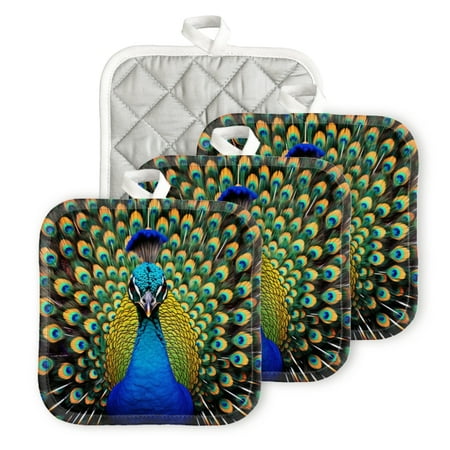 

BaHomeck Pot Holders 4pcs dacron Made Square heat-resisting mat Machine Washable for Kitchen Oven Hot Pads 6.7inch*6.7inch Beautiful Peacock Displaying Colorful Feathers