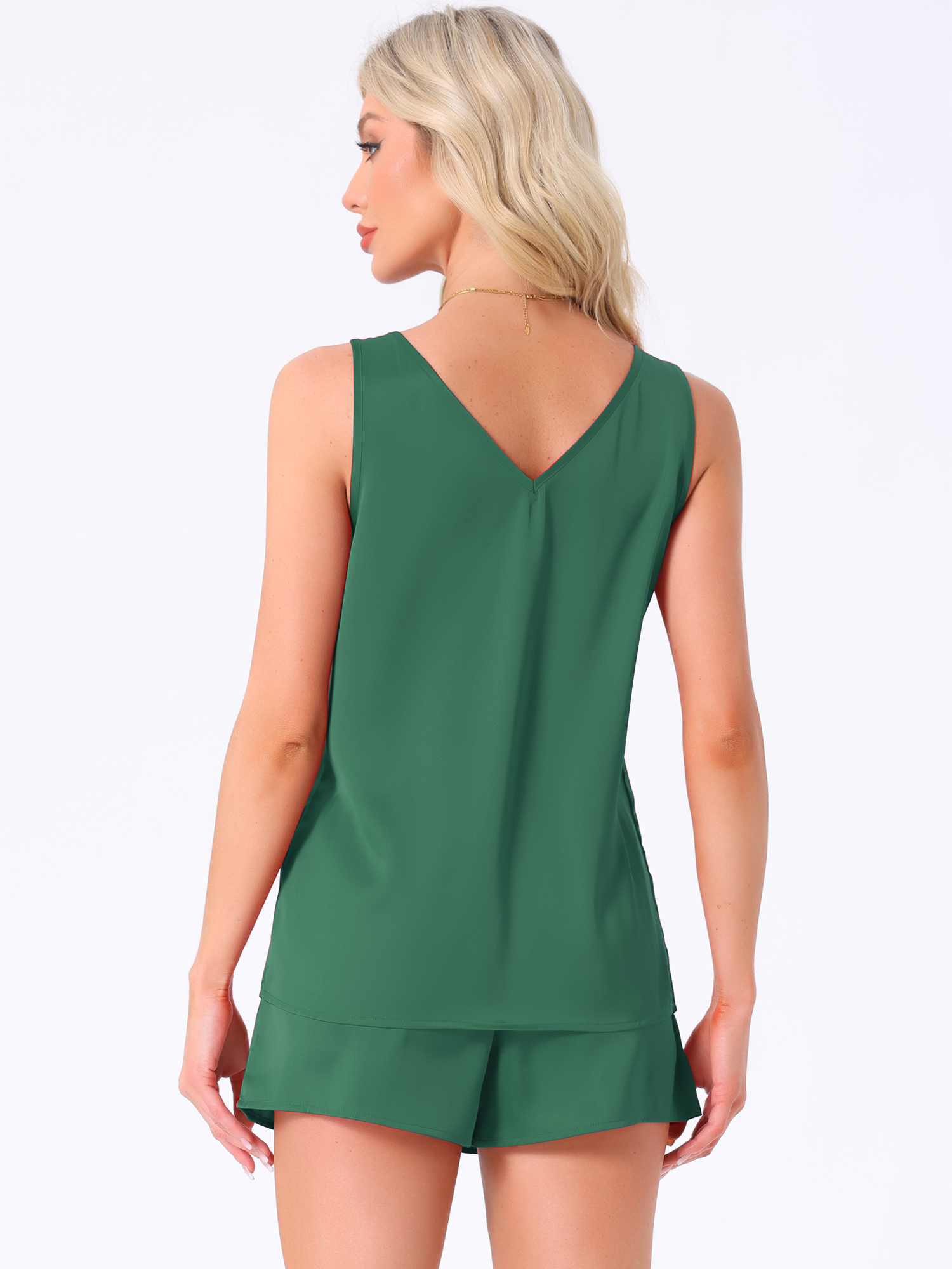 DARING DIVA Satin Silky Tank Top Shorts Pleated Front 2 Piece Pajama Sets M Green