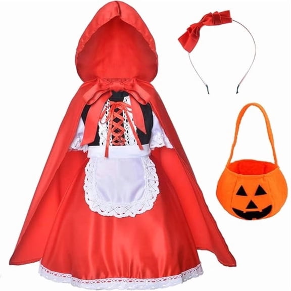 Benylion Girls Little Red Riding Hood Costume Halloween Cosplay Outfits Red Cape Dress With Cloak Headband Bag for 5-6 Years