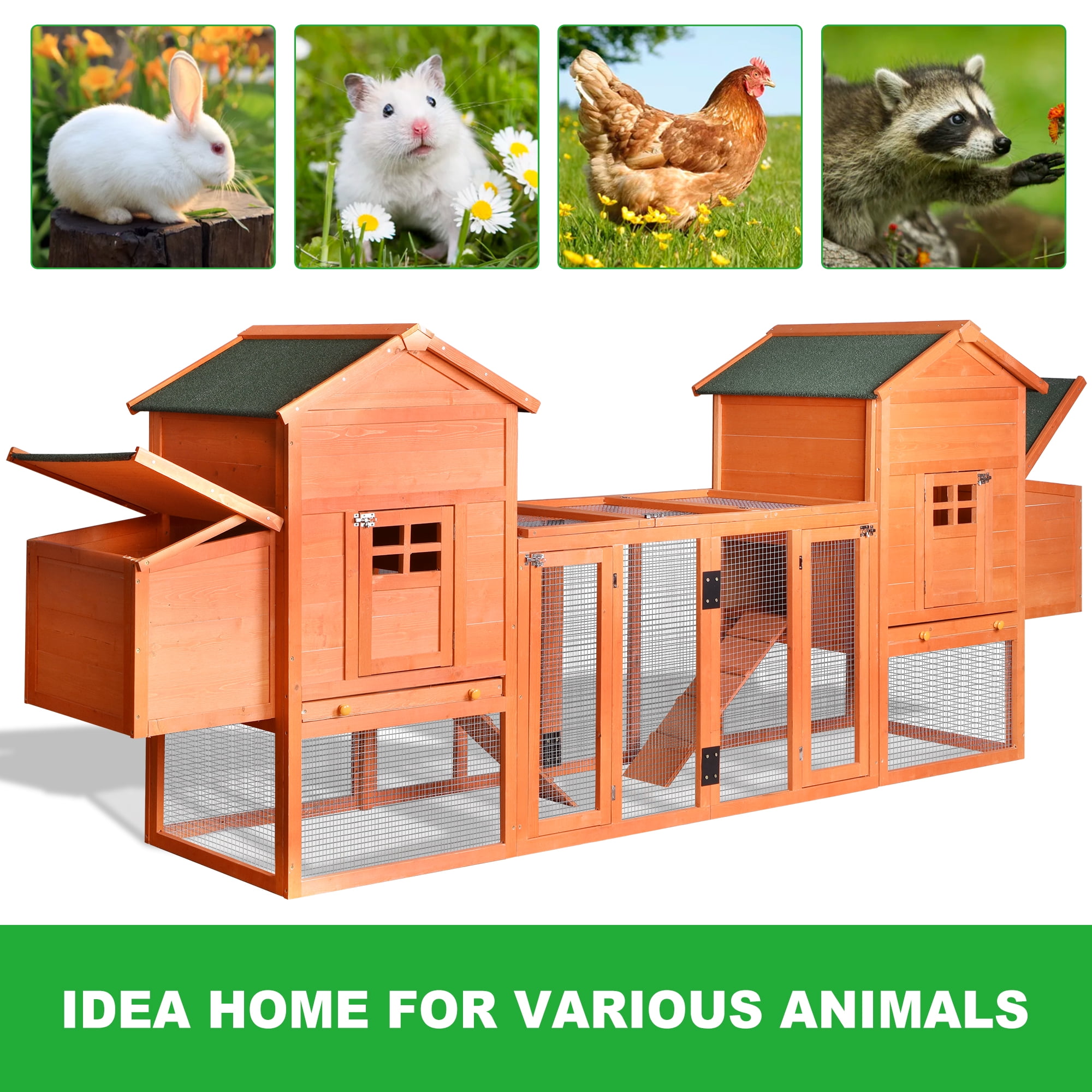 Pefilos 124" Outdoor Wooden Chicken Coop Nesting with Box Large Hen Cage with Removable Ramp Rabbit Hutches Garden Backyard Pet House, Orange Pefilos 124" Outdoor Wooden Chicken Coop Nesting with Box Large Hen Cage with Removable Ramp Rabbit Hutches Garden Backyard Pet House, Orange