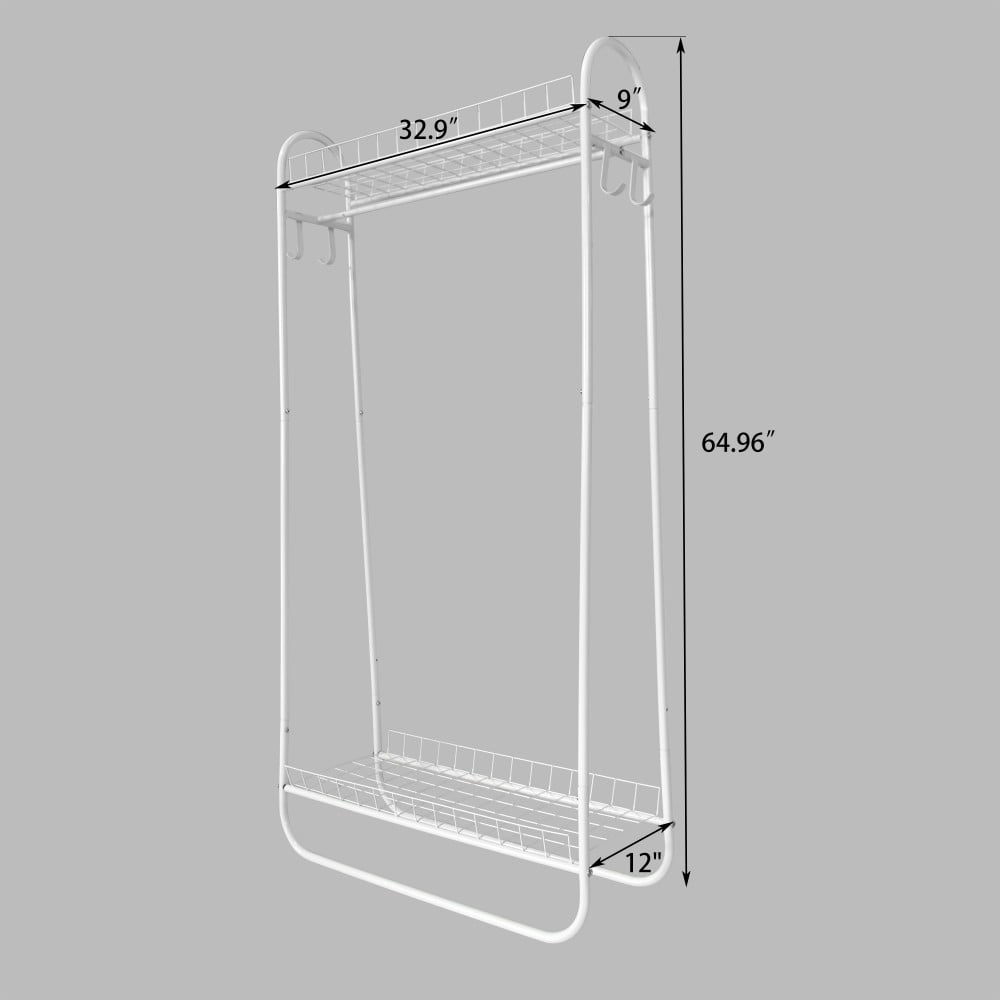 Heavy Duty Garment Rack, Freestanding Metal Clothes Rack with Double Shelves, 200 lbs Capacity, Portable Rolling Clothing Rack, White