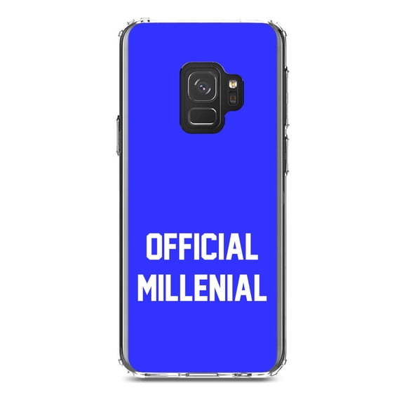 DistinctInk Clear Shockproof Hybrid Case for Samsung Galaxy S9 (5.8" Screen) - TPU Bumper, Acrylic Back, Tempered Glass Screen Protector - Official Millenial - Blue & White